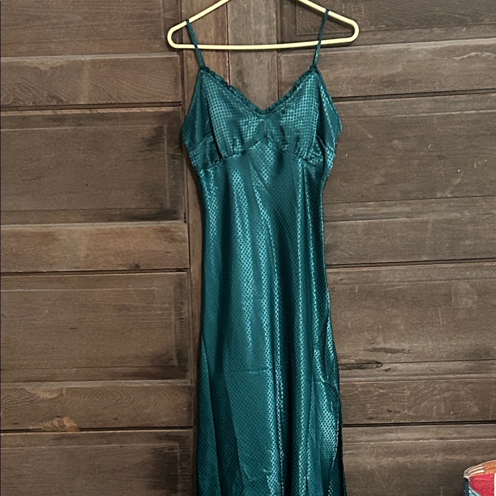 Japna Slip Green Med Babydoll Ruffle Satin Midi Dress Y2K Coquette Indie Glam